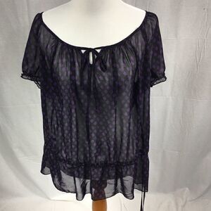 XL Pure Energy purple short puff sleeves black background gathered waist sheer